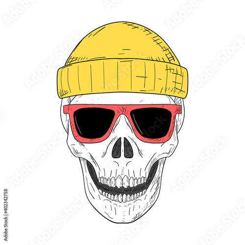 Skull with sunglasses and a hat. Vector illustration. Isolated.