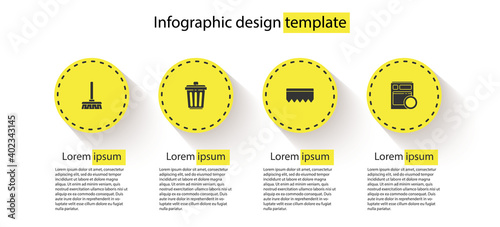 Set Handle broom, Trash can, Sponge with bubbles and Kitchen dishwasher machine. Business infographic template. Vector.