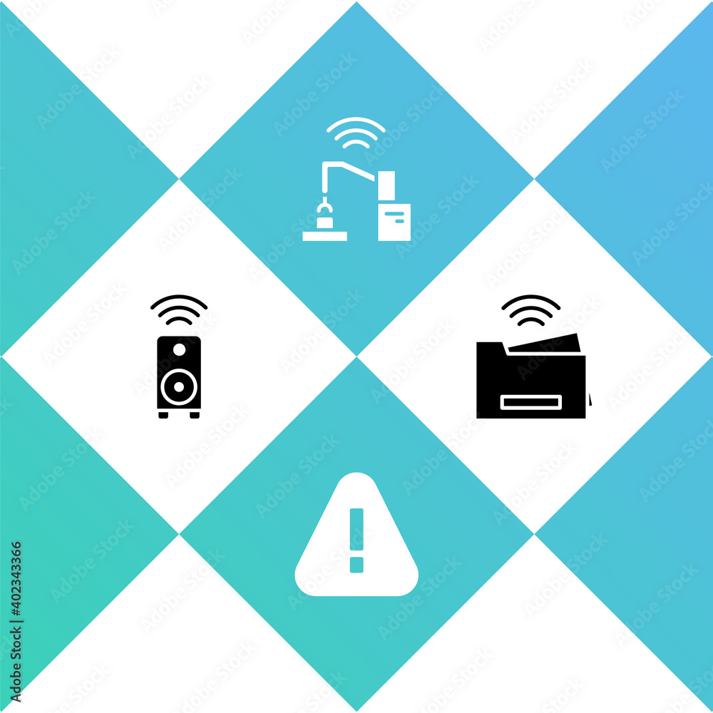 Set Smart stereo speaker, Exclamation mark in triangle, Robotic robot arm hand factory and printer icon. Vector. Set Smart stereo speaker, Exclamation mark in triangle, Robotic robot arm hand factory and printer icon. Vector.