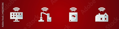 Set Smart Tv system, Robotic robot arm hand factory, washer and home with wireless icon. Vector.
