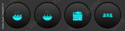Set Fish soup, Soup with shrimps, Seafood store and Sushi on cutting board icon. Vector.