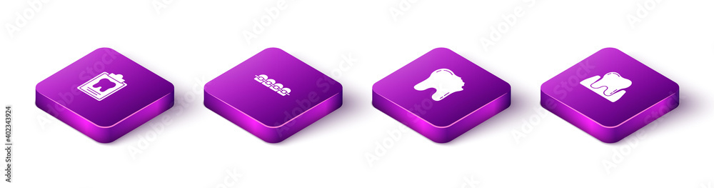 Set Isometric Dental card, Teeth with braces, Broken tooth and Tooth icon. Vector. Set Isometric Dental card, Teeth with braces, Broken tooth and Tooth icon. Vector.