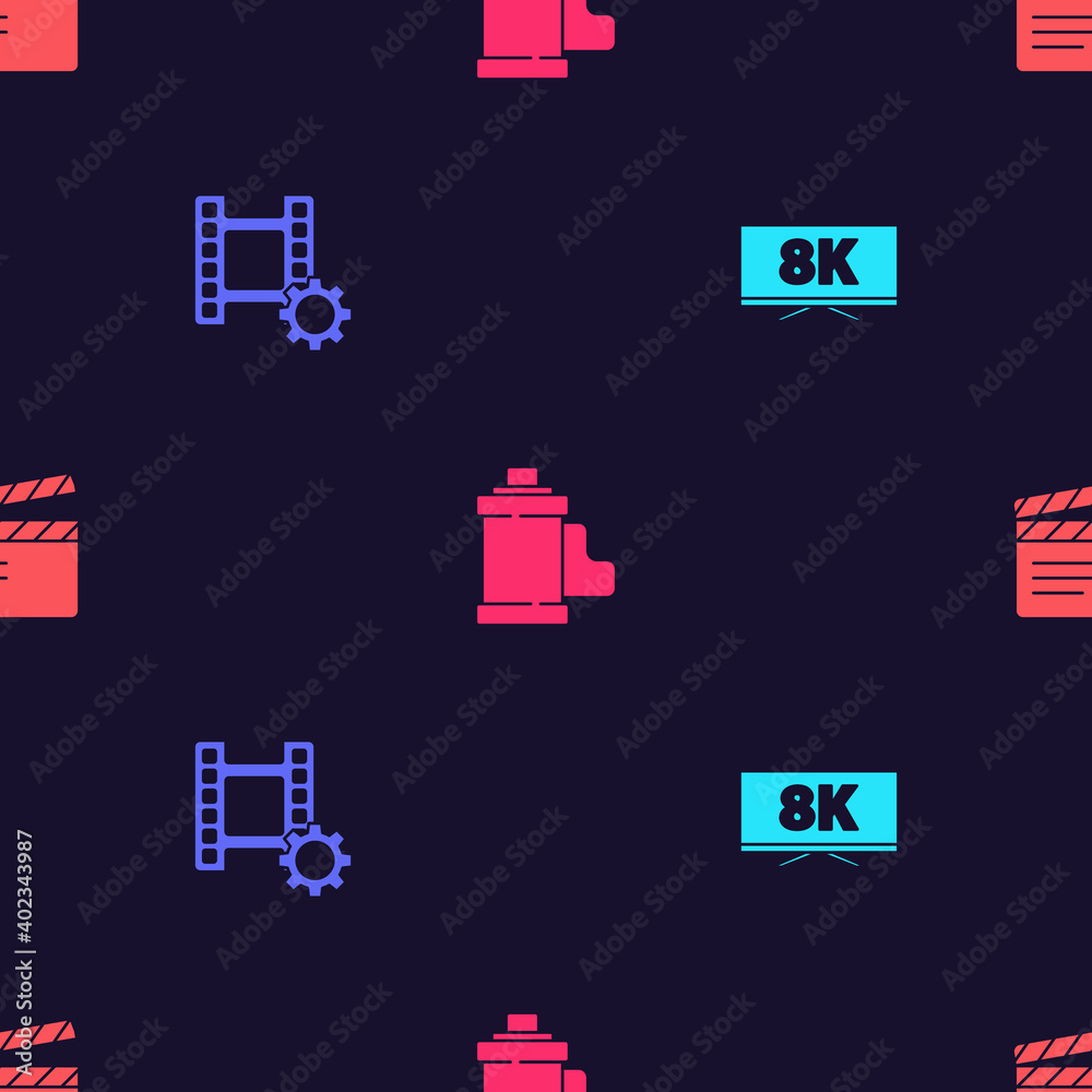 Set Screen tv with 8k, Play Video, Camera film roll cartridge and Movie clapper on seamless pattern. Vector.