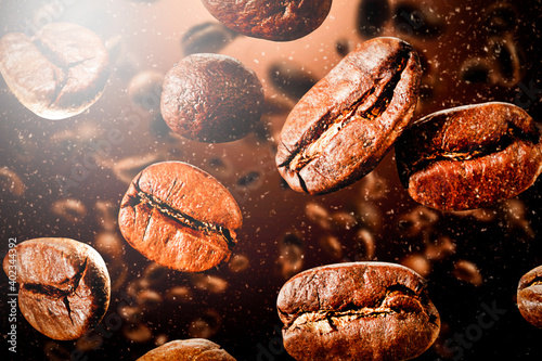 Freshly roasted coffee beans in close-up macro