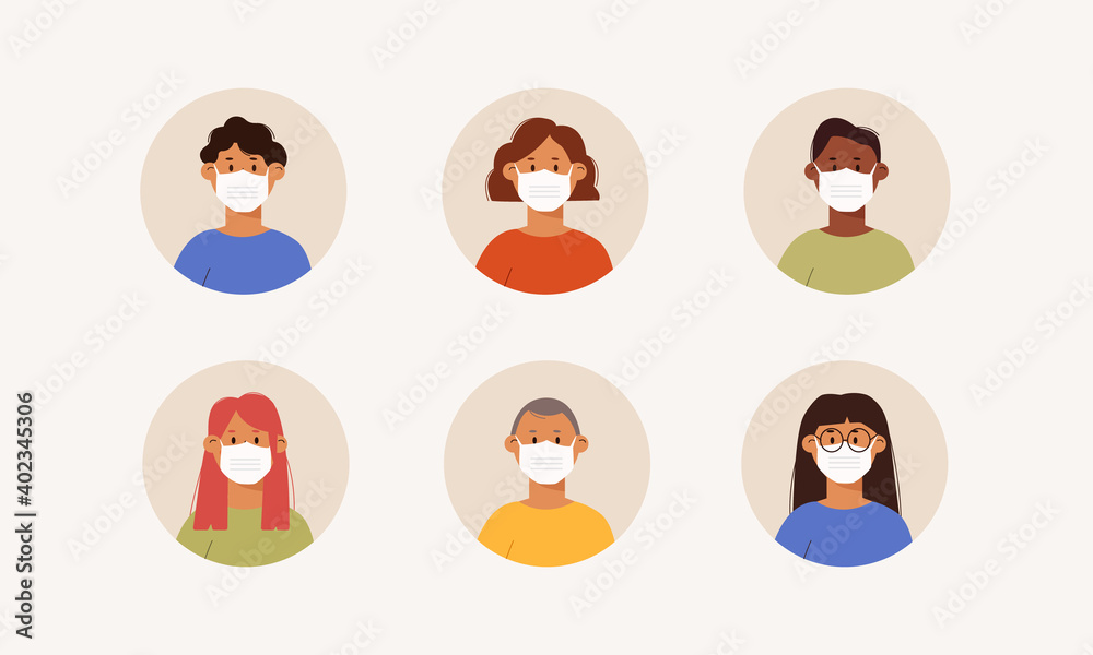 Portrait of diverse people wearing medical mask on face. Men, women of different age in respirators isolated on white background. Prevention from infection spread. Vector illustration in flat style Portrait of diverse people wearing medical mask on face. Men, women of different age in respirators isolated on white background. Prevention from infection spread. Vector illustration in flat style