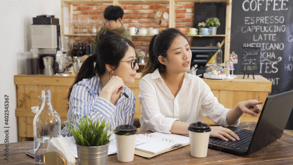 female partners women discussing project on laptop computer in cafe bar. two young girls colleagues working together in coffee shop. man waitress make cappuccino by machine in modern store counter female partners women discussing project on laptop computer in cafe bar. two young girls colleagues working together in coffee shop. man waitress make cappuccino by machine in modern store counter