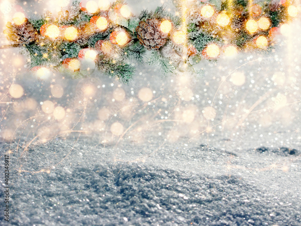 winter christmas background with snow and fir branches frame