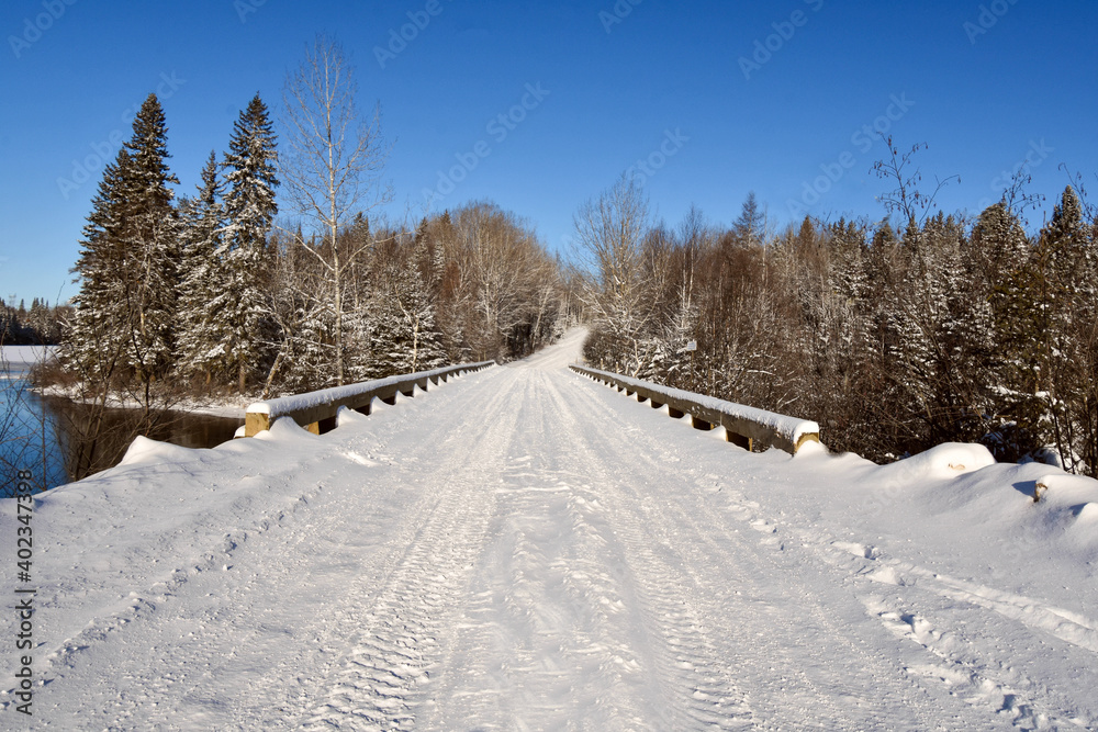 Forest path in Quebec, Canada, on a beautiful but cold winter day Forest path in Quebec, Canada, on a beautiful but cold winter day