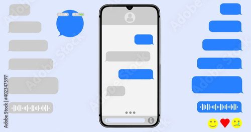 Smartphone recieve messages animation set. 
Voice message bubbles template design. Text messages. Messenger conversation mockup. SMS chat. Type sms message. Communication in social media network