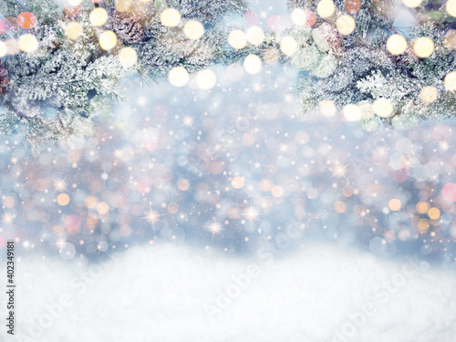 winter background with fir branches cones and snow