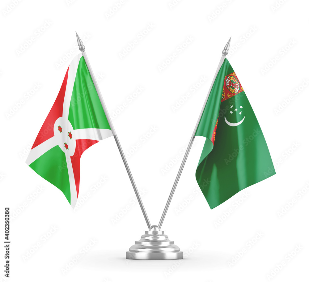 Turkmenistan and Burundi table flags isolated on white 3D rendering Turkmenistan and Burundi table flags isolated on white 3D rendering