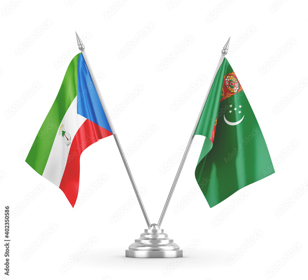 Turkmenistan and Equatorial Guinea table flags isolated on white 3D rendering Turkmenistan and Equatorial Guinea table flags isolated on white 3D rendering