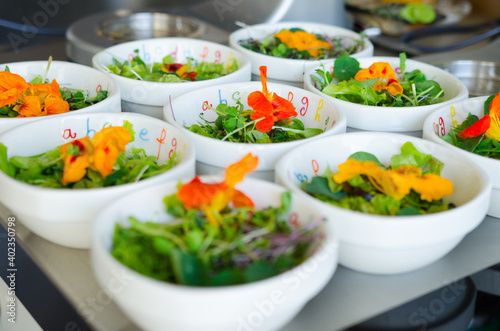 bowls with colorful salad for children