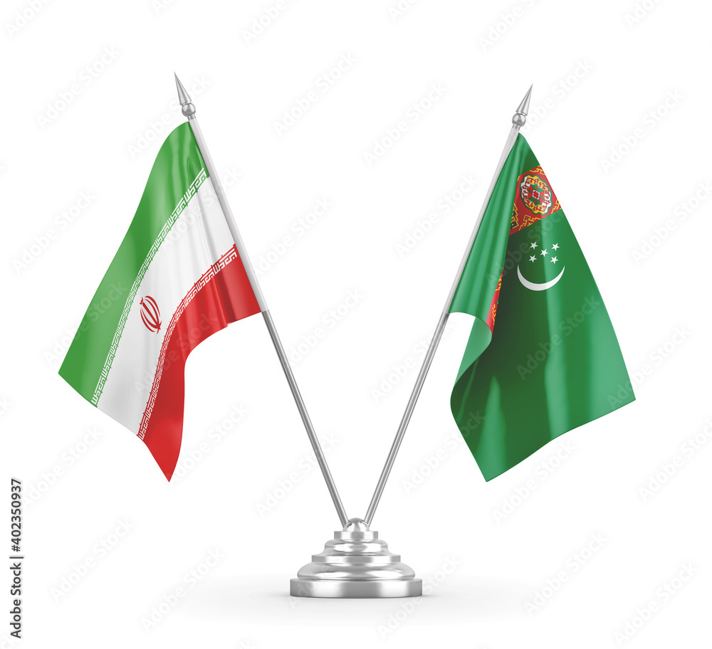 Turkmenistan and Iran table flags isolated on white 3D rendering Turkmenistan and Iran table flags isolated on white 3D rendering