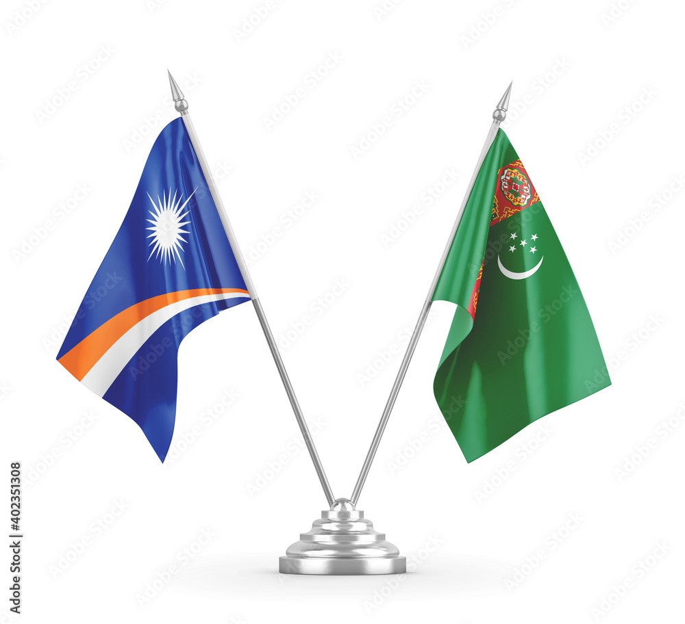 Turkmenistan and Marshall Islands table flags isolated on white 3D rendering