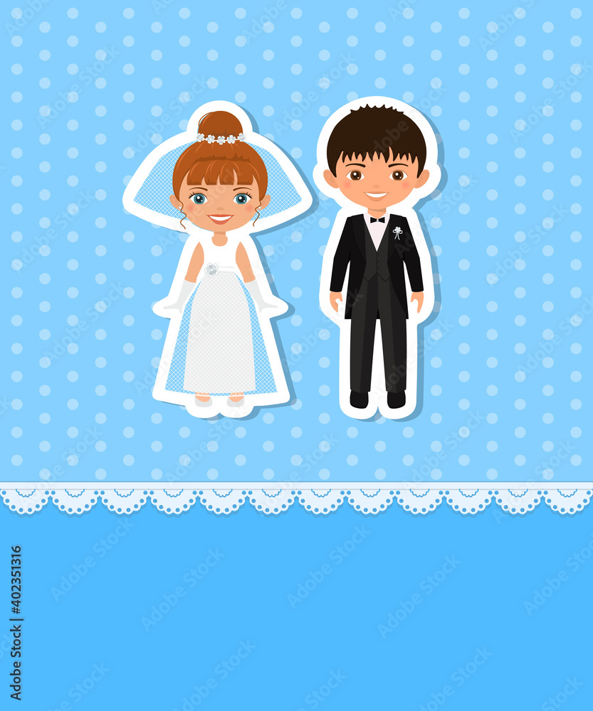 Greeting card with wedding couple in frame with lace on blue background. Place for your text Greeting card with wedding couple in frame with lace on blue background. Place for your text