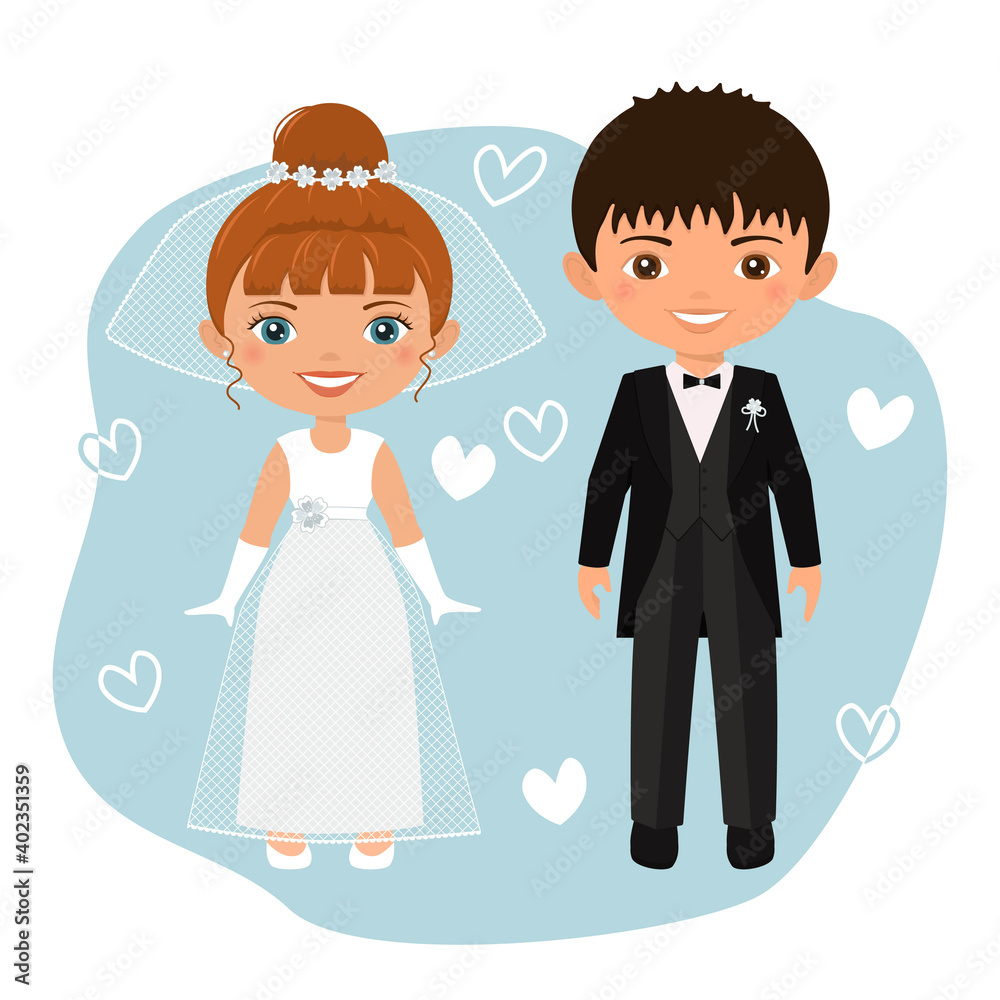 Wedding couple. Cute chibi characters groom and bride in wedding dresses. Flat cartoon style Wedding couple. Cute chibi characters groom and bride in wedding dresses. Flat cartoon style