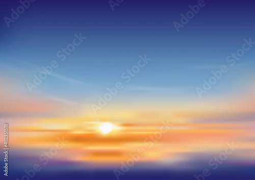 Sunset sky in eveing with orange  yellow and purple colour  Dramatic twilight landscape with dark blue sky Vector mesh horizon banner of sunrise for Spring or Summerbackground