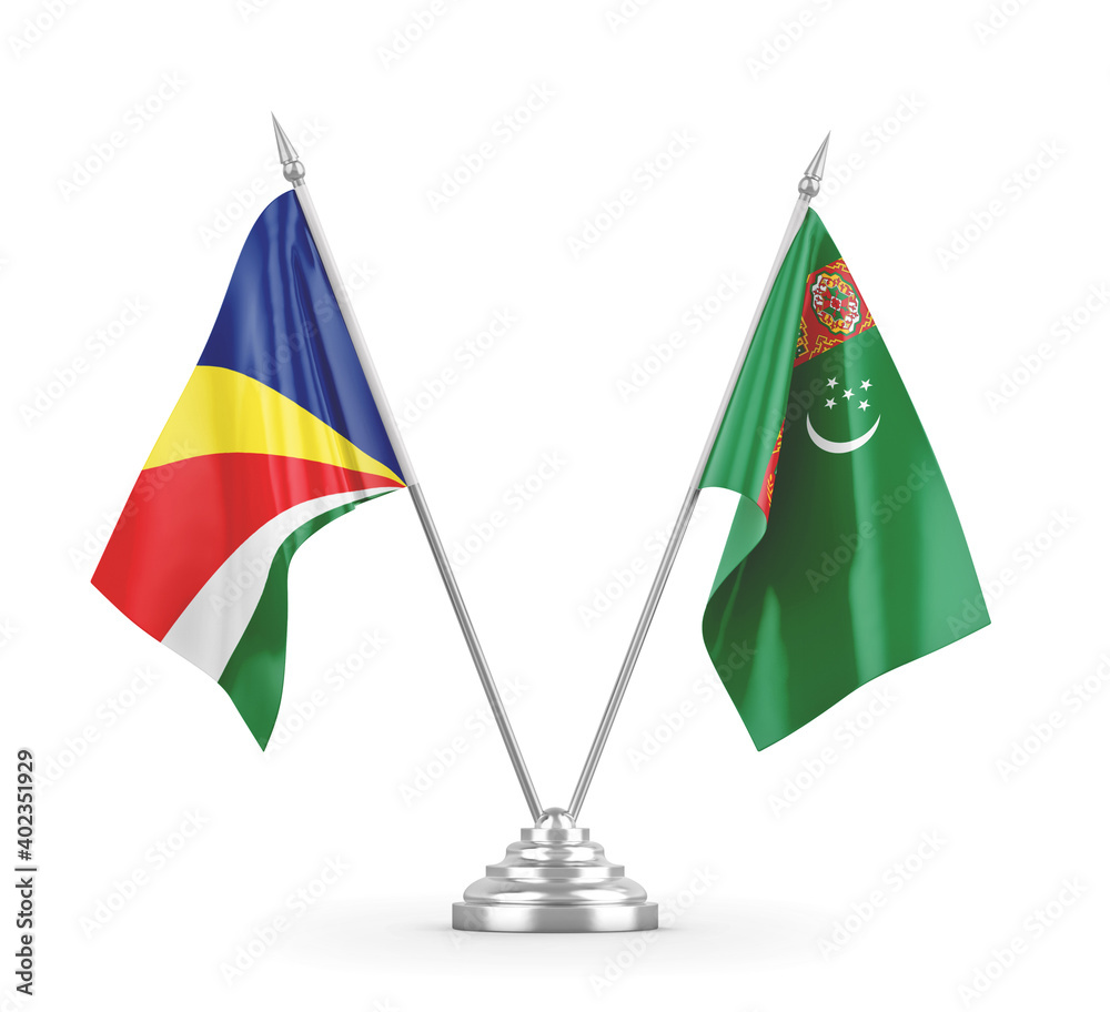 Turkmenistan and Seychelles table flags isolated on white 3D rendering Turkmenistan and Seychelles table flags isolated on white 3D rendering