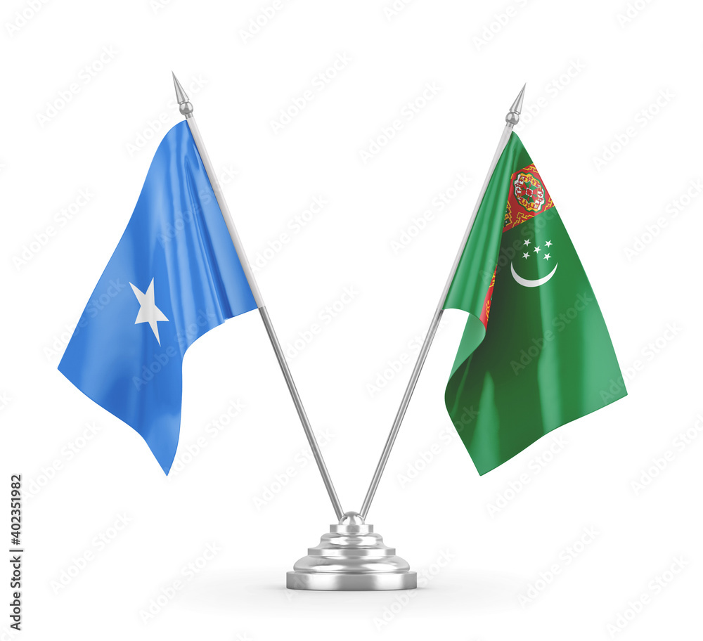 Turkmenistan and Somalia table flags isolated on white 3D rendering Turkmenistan and Somalia table flags isolated on white 3D rendering