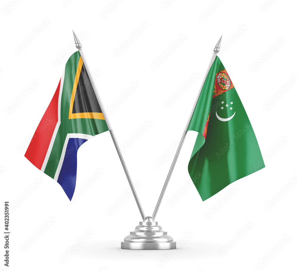 Turkmenistan and South Africa table flags isolated on white 3D rendering
