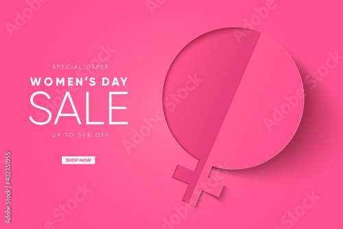 International Women's day banner. Paper style background. 