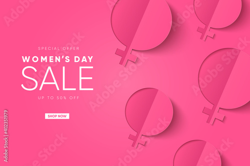 International Women's day banner. Paper style background. 