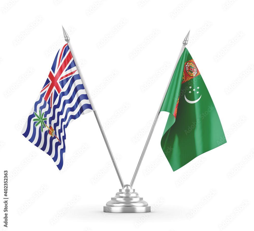 Turkmenistan and British Indian Territory table flags isolated on white