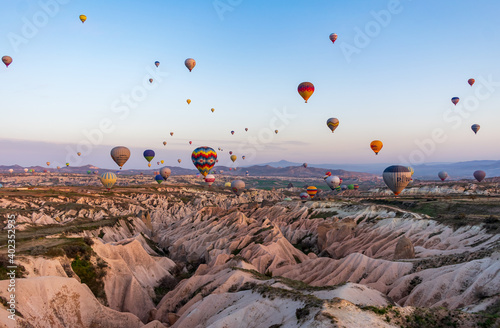 Turkey, Cappadocia, Göreme - 25 April 2019 - Hot air balloons fly in the sky of Cappadocia