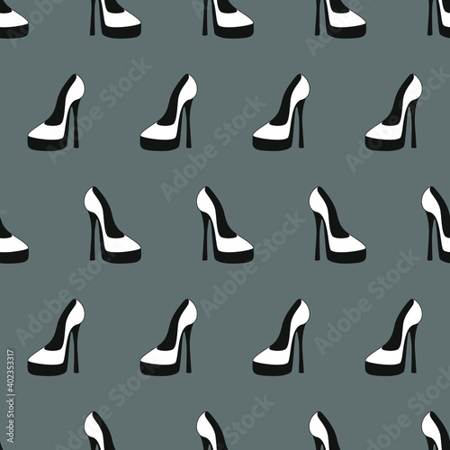 Ellegant fashilonable white high heeled women shoes on red background seamless pattern. Vector illustration.
