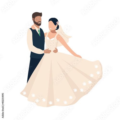 Happy bride and groom get married. Flat vector illustration of lovers man and woman in wedding clothes. Together forever. Isolated over white background.