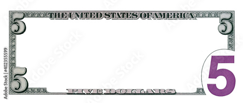 5 dollar bill back side with empty middle area for design purpose photo