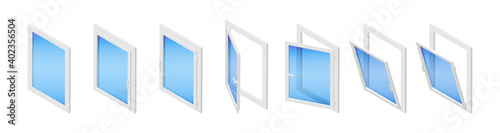 Isometric vector illustration plastic windows isolated on white background. Isometric vector diagram showing a casement window in three different positions: closed, tilted open and swung fully open.