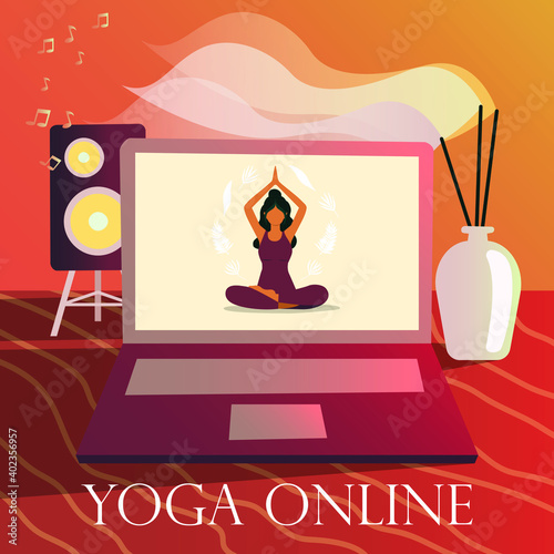 Bright modern vector illustration of an online yoga lesson. The concept of a healthy lifestyle through yoga without leaving home. The girl is meditating. Online yoga training