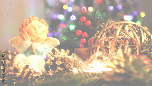 Christmas tree with new year decorations. New Year celebration. Selective soft focus. Background for postcards