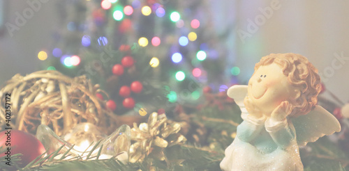 Christmas tree with new year decorations. New Year celebration. Selective soft focus. Background for postcards