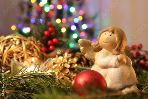 Christmas tree with new year decorations. New Year celebration. Selective soft focus. Background for postcards