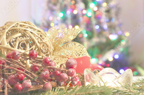 Christmas tree with new year decorations. New Year celebration. Selective soft focus. Background for postcards