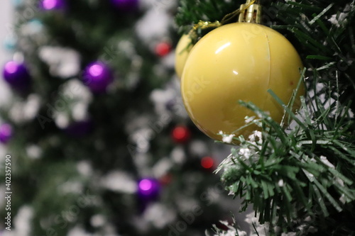 Christmas tree with new year decorations. New Year celebration. Selective soft focus. Background for postcards