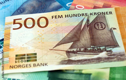 Drammen, Norway - December 29 2020: Norwegian currency of 500 kroner denomination, Norges Bank. photo