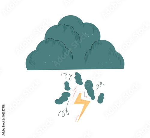 Thundercloud. Dark cloud with lightning, rain and wind. Simple abstract storm cloud flat vector illustration isolated on white background. Symbol of negative emotion, depression concept