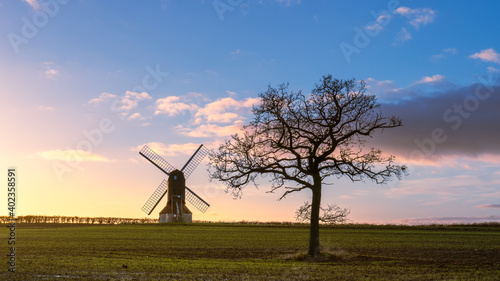 windmill and tree at sunset