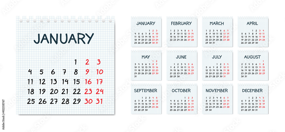 Monthly calendar 2021 in sketchy style on squared notebook page, start on monday. Vector illustration of 12 months 2021 pages Monthly calendar 2021 in sketchy style on squared notebook page, start on monday. Vector illustration of 12 months 2021 pages