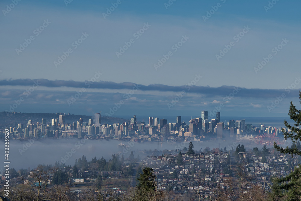 A picture of downtown Vancouver on a misty morning. Vancouver BC Canada
