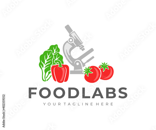 Food laboratory, microscope, tomato, bell pepper and lettuce salad, logo design. Food technology, vegetables, food and meal, vector design and illustration