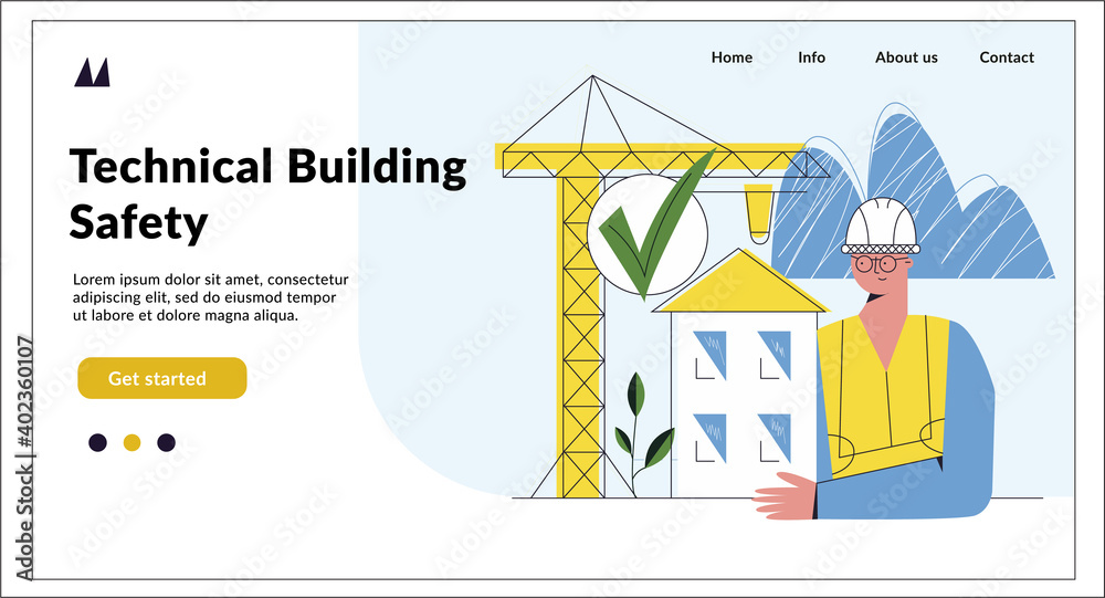 Technical building safety landing page mockup. Construction engineering concept. Flat cartoon vector illustration with character isolated on white background for web, social media