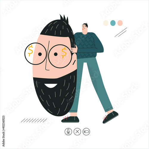 Online dating scam concept. Love and internet technology, man scammer, web fraud, cyber deception. Romance virtual date. Flat vector cartoon illustration with character isolated on white 