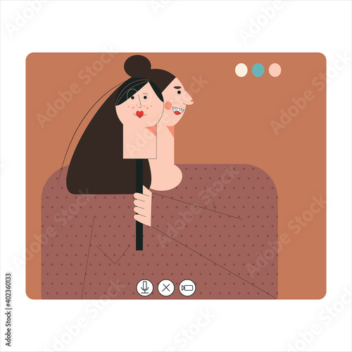 Online dating scam concept Woman with mask Love and internet technology, girl scammer, web fraud, cyber deception. Romance virtual date. Flat vector cartoon illustration with character