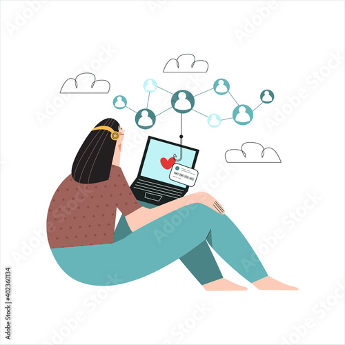 Victim of online dating scam concept. Young woman uses a dating site, social network. Internet theft, deception, trick, lies. Modern flat vector cartoon illustration isolated on white background