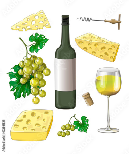 Set. Drawn two bunches of white grapes, a bottle and a glass of white wine, a wine corkscrew and a cork, and three pieces of cheese. The illustration is isolated on a white background. 